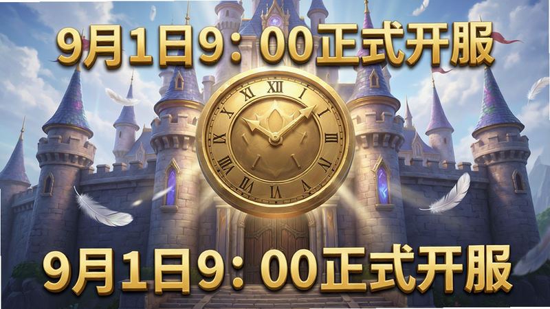 一张展示“9月1日9:00正式开服”游戏主界面的高清概念图,主体为充满奇幻色彩的城堡入口,布局对称,中央悬浮着巨大的金色时钟指向9点,排版简洁大气,风格为写实渲染,细节丰富包括飘落的羽毛和光束,画质4k,干净无多余元素,文字“9月1日9:00正式开服”以立体金字呈现