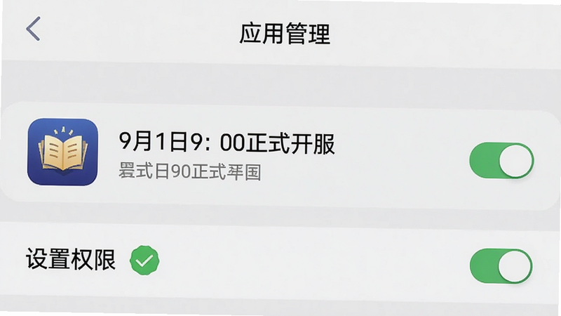 手机设置界面截图,主体为“应用管理”页面,布局清晰,高亮显示“9月1日9:00正式开服”应用,排版标准系统UI,风格扁平化,细节显示权限开关状态,画质清晰,干净背景,文字“设置权限”以绿色勾选标记