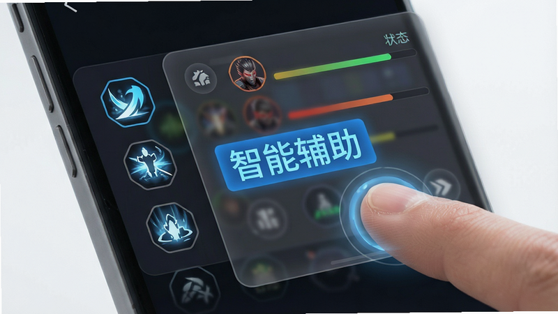 手机界面截图风格的设计图,主体为半透明的辅助操作面板,布局清晰分层,左侧为技能图标,右侧为敌人状态条,排版现代极简,风格科技感,细节显示手指触控的光晕,画质清晰,干净界面,文字“智能辅助”以蓝色高亮显示