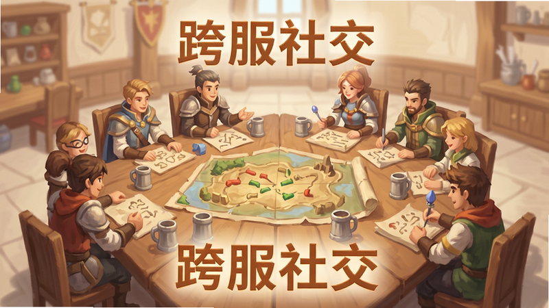 公会大厅的场景概念图,主体为多名角色围坐在长桌旁讨论战术,布局环绕式,排版平衡,风格为温馨热闹的角色扮演场景,细节展示桌上的地图和酒杯,画质柔和,干净背景,文字“跨服社交”以暖色调字体呈现