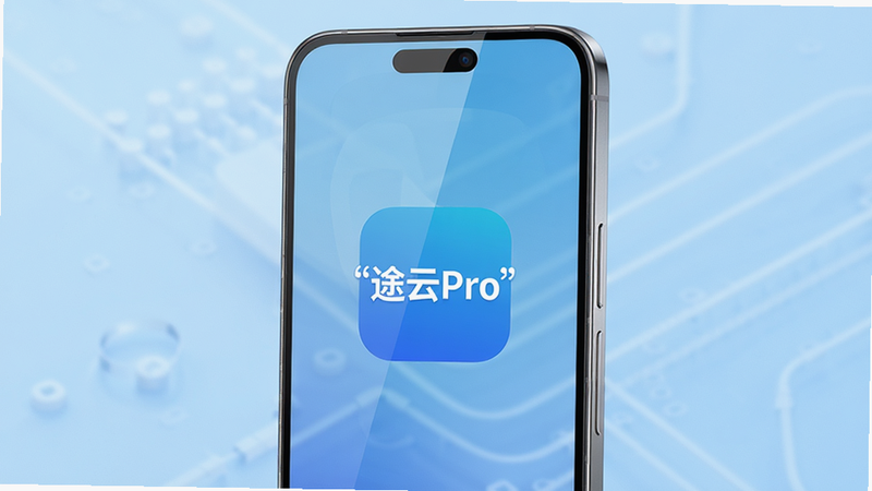 主体为一部现代智能手机竖屏展示,屏幕中央显示“途云Pro”应用图标,界面简洁,背景为浅蓝色科技感渐变,布局居中,排版清晰,风格简约商务,细节包括屏幕反光和手机金属边框质感,画质高清,干净,无多余元素,文字加引号显示