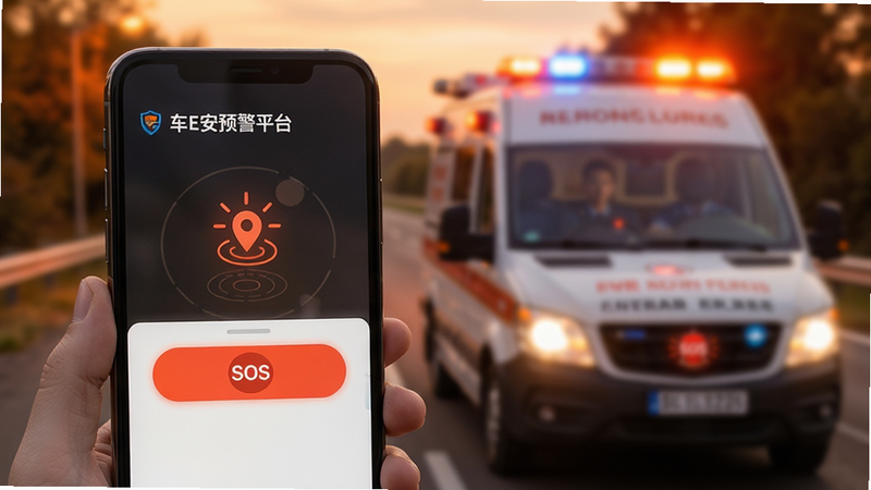 展示“车E安预警平台”紧急求助功能的场景图,主体为手机界面弹出SOS按钮,背景为模糊的道路救援车轮廓,色调偏暖橙色以突显紧迫感,布局聚焦屏幕中心,细节包含闪烁的定位图标,画质高清,干净简洁