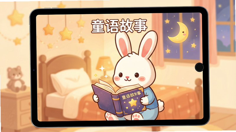 һ����ܰ�����Ĳ廭���ͼƬ��������һ��ƽ�������Ļ����Ļ����ʾ�š�ͯ����¡�APP�Ľ��棬����������һ���ɰ��Ŀ�ͨ���������Ķ�һ���򿪵�ħ���飬��������͵�ůɫ�����һ����������Ǻ�����װ�Σ����岼�ּ�࣬�Ű������������ܰ������ϸ�ڷḻ�����ʸ��壬�ɾ��޶���Ԫ�أ�����
