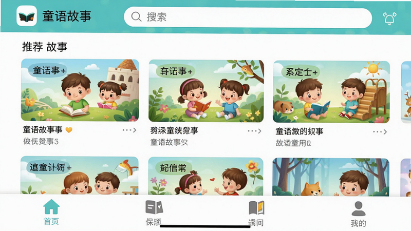 չʾ��ͯ����¡�APP��ҳ�����������ͼ�����������������м����Ƽ������б����ײ��ǵ�������ͼ������������