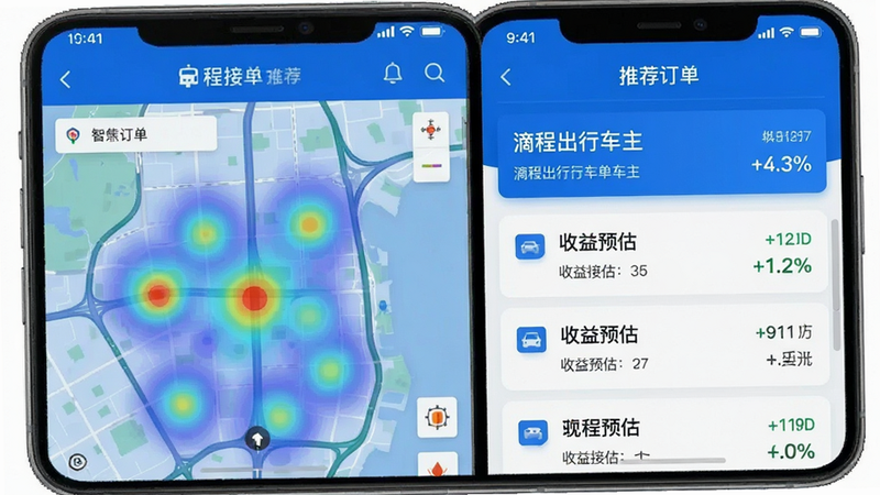 主体为手机界面截图,显示“滴程出行车主”智能接单推荐页面,布局左侧为地图热点分布图,右侧为推荐订单列表,排版左右分栏,风格科技感蓝色调,细节显示收益预估数字,画质清晰,干净,无多余元素
