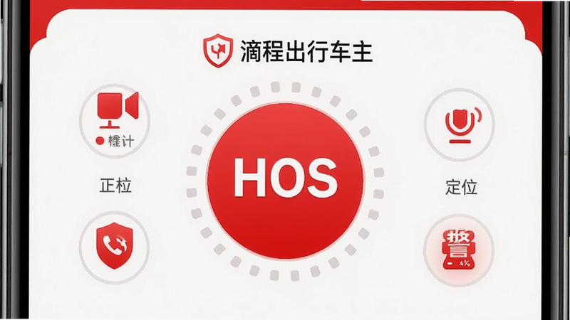 主体为手机界面展示安全中心页面,显示“滴程出行车主”安全标识,布局中心为大型红色SOS按钮,周围环绕录音、定位、报警图标,排版中心对称,风格警示红与白色搭配,细节显示盾牌图标,画质高清,干净,无多余元素