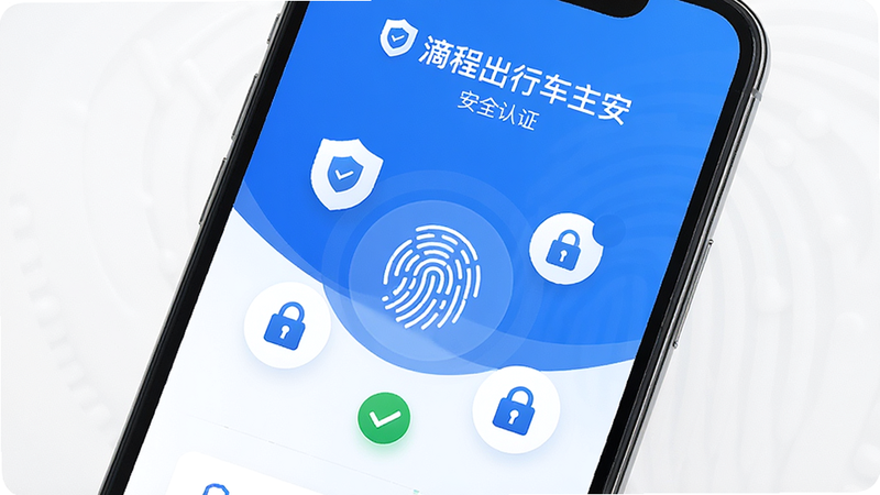 主体为手机界面展示安全验证页面,显示“滴程出行车主”安全认证标识,布局中心为指纹识别图标,周围环绕盾牌、锁头图标,排版中心聚焦,风格信任蓝白色调,细节显示对勾标志,画质清晰,干净,无多余元素