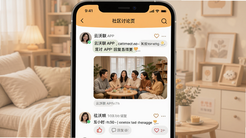 主体为云沃联APP的社区讨论页面,布局为信息流形式,包含用户头像、文字评论及图片评论,风格温馨社区化,细节包含点赞图标与回复气泡,画质清晰,干净,无多余元素