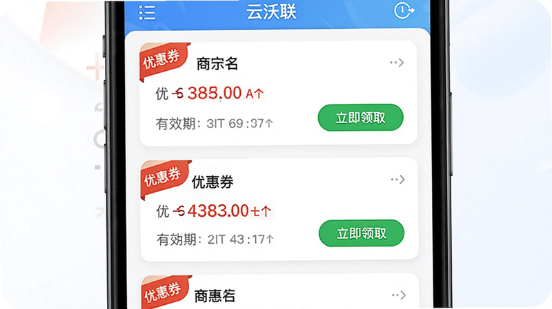 主体为手机屏幕展示云沃联APP的优惠券列表,布局为列表式,每张卡片显示商家名称、优惠金额及有效期,风格清新明亮,细节包含红色优惠券标签与绿色“立即领取”按钮,画质高清,干净,无多余元素