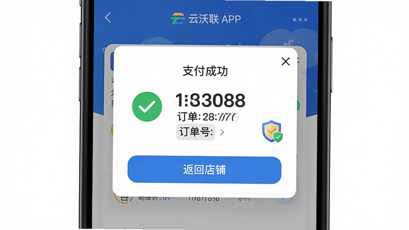 主体为云沃联APP的支付成功界面,布局为中心弹窗式,显示支付金额、订单号及“返回店铺”按钮,风格简洁商务,细节包含绿色对勾图标与盾牌安全标识,画质高清,干净,无多余元素