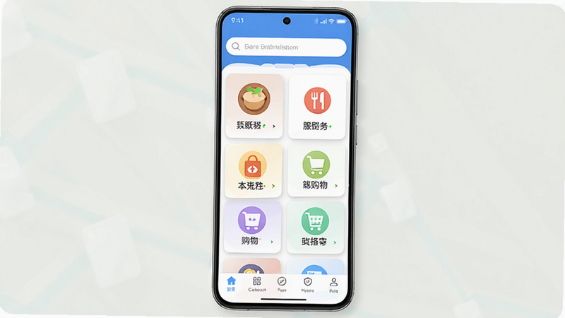主体为云沃联APP安卓版本界面,布局采用卡片式垂直排列,顶部显示搜索栏,中部展示多个本地生活服务分类图标如餐饮、购物,底部为导航栏,风格扁平化现代设计,细节包含高清图标与柔和阴影,画质清晰,干净,无多余元素