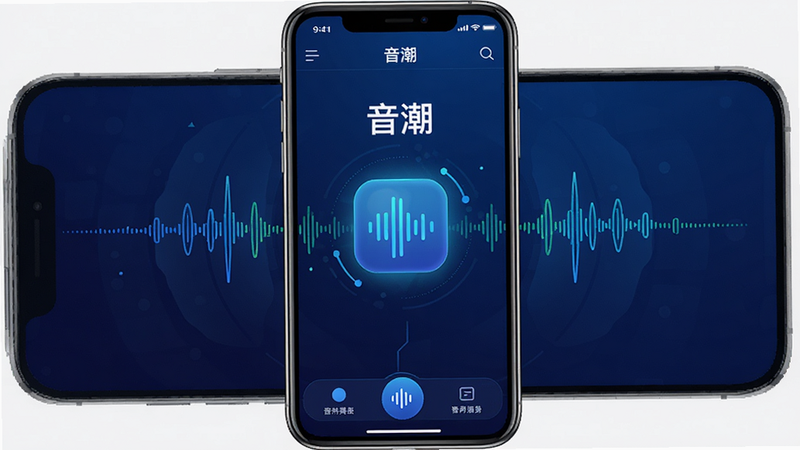 画面主体为智能手机屏幕,显示“音潮”App的启动界面,背景采用深蓝色渐变科技感风格,中央有一个发光的声波图标,周围环绕着动态的音频波形线条,界面布局简洁现代,包含顶部导航栏和底部功能按钮,文字清晰显示“音潮”字样,整体风格扁平化且富有未来感,画质高清,无多余干扰元素,干净利落。