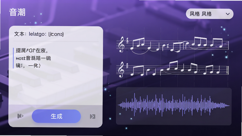 展示“音潮”App内部的AI创作页面,界面左侧为文本输入框,显示用户输入的歌词片段,右侧为实时生成的五线谱与音频波形图,背景为柔和的紫色科技光效,界面元素包括“生成”按钮和风格选择下拉菜单,整体排版左右分栏,清晰直观,风格现代简约,细节处有微弱的粒子特效,画质清晰,无杂乱元素。