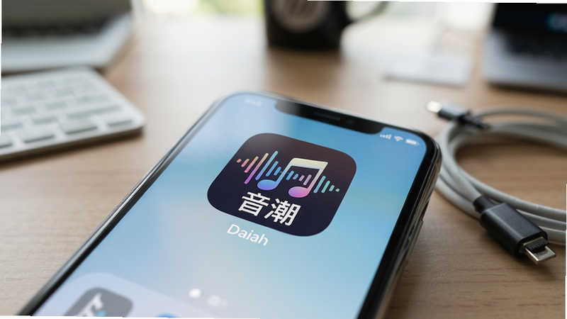 手机桌面特写,屏幕中央显示“音潮”App图标,图标设计为声波与音符结合,背景为模糊的办公桌面环境,旁边放置一部充电线,光线柔和,突出应用图标,风格写实摄影,细节真实,画质高清,无其他无关应用图标干扰,简洁明了。