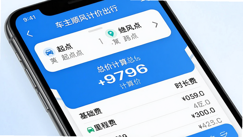 �ֻ���Ļ��д����ʾ������˳��Ƽ۳��С�App�ļƼ�ҳ�棬�����Ϸ���ʾ�����յ����ƣ��м������ʾ��������ܼۣ��·��г��������ѡ�������̷ѡ�����ʱ���ѡ���ϸ����������������ɫ�������׶����߱���UI��ƣ���ˮӡ������