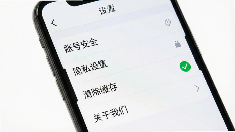 主体为一张移动端应用设置界面的特写图,背景为纯白色,布局垂直排列。屏幕显示“设置”页面,列表项包括“账号安全”、“隐私设置”、“清除缓存”、“关于我们”等。其中“清除缓存”选项被高亮显示,旁边有一个绿色的对勾图标,表示操作成功。字体清晰,行距适中,整体风格简洁直观,无多余装饰,文字“设置”位于顶部导航栏,画质清晰,细节丰富