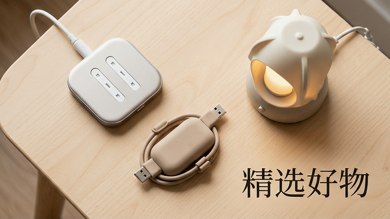主体为一张俯拍视角的精美产品陈列图,背景为干净的浅木色桌面,布局呈三角形构图。画面中散落摆放着几个极具设计感的生活小物,包括一个极简风格的无线充电器、一只质感细腻的硅胶数据线保护套、以及一款造型独特的小夜灯。光影柔和自然,突出产品的材质细节,如硅胶的哑光质感和金属的磨砂光泽。整体风格简约现代,色调温暖,文字“精选好物”以优雅的无衬线字体悬浮于画面右下角,画质细腻,无杂乱背景