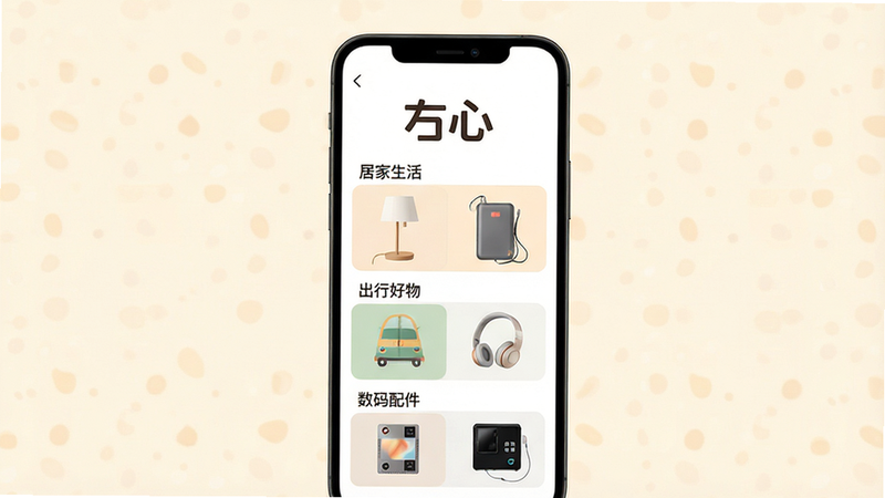 主体为一张高清扁平化风格的移动端应用界面展示图,背景为柔和的米白色,布局清晰简洁。屏幕中央显示“心”APP的首页,顶部有醒目的品牌Logo,下方分为“居家生活”、“出行好物”、“数码配件”三个主要板块,每个板块配有精致的产品缩略图,如简约台灯、便携充电宝、舒适耳机等。整体排版留白充足,字体清晰易读,色彩搭配温馨舒适,传递出高品质生活方式的氛围,画质纯净,无多余装饰元素,文字“心”清晰可见
