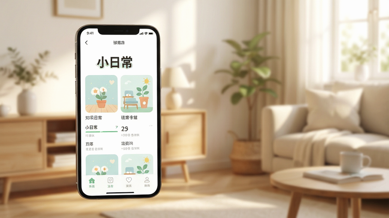 主体为一部现代智能手机,屏幕显示“小日常”APP界面,背景为温馨简约的室内场景,布局清晰,排版留白充足,风格清新治愈,细节展现光影质感,画质高清,干净无多余元素
