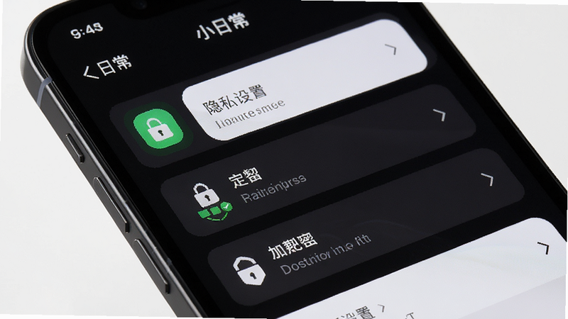 主体为手机屏幕,显示“小日常”的隐私设置界面,布局紧凑,排版有序,风格深色系,细节展示锁屏图标与加密标识,画质精细,干净无杂乱
