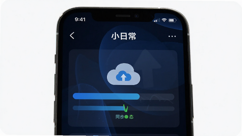 主体为手机屏幕,显示“小日常”的备份进度条,布局垂直排列,排版清晰,风格科技蓝,细节展示云端图标与同步状态,画质锐利,干净无背景干扰
