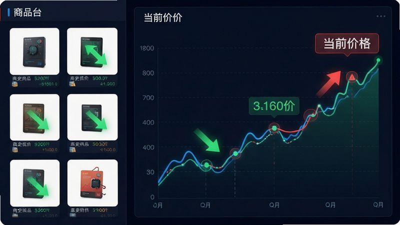 主体为价格对比图表界面,布局为左右分栏,左侧为商品缩略图,右侧为折线趋势图,风格为科技感数据可视化,细节包含绿色降价箭头、红色涨价警示、价格数字高亮,文字显示“历史低价”、“当前价格”,画质清晰,专业,无杂乱背景