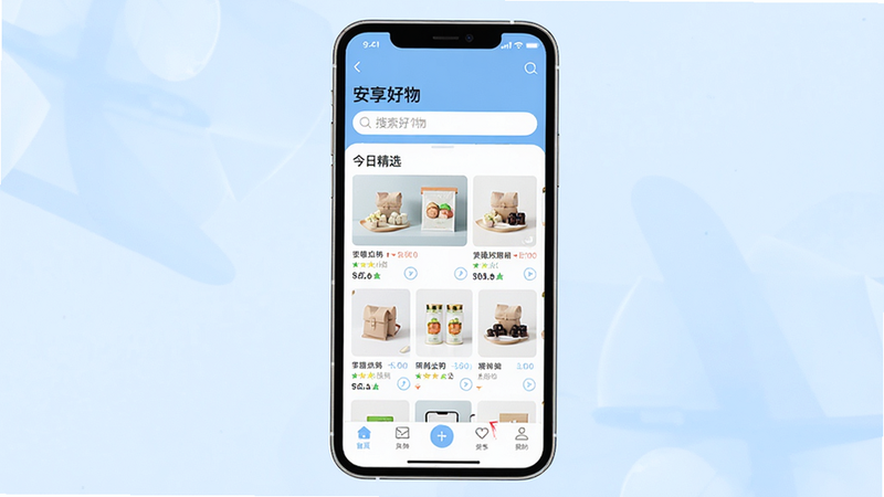 主体为安享好物APP手机界面展示,布局为居中竖屏手机模型,背景为柔和的浅蓝色渐变,排版简洁现代,风格为扁平化UI设计,细节包含首页推荐流、搜索栏、底部导航栏,文字显示“安享好物”、“今日精选”,画质高清,干净,无多余元素,8k分辨率