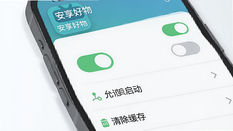 主体为手机设置界面截图风格插图,布局为列表式权限开关,风格为极简科技风,细节包含“安享好物”应用图标、权限开关状态(绿色开启/灰色关闭)、电池优化选项,文字显示“允许自启动”、“清除缓存”,画质清晰,界面整洁,无多余装饰