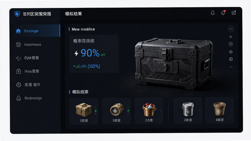 主体为暗区突围保险模拟器应用界面,布局清晰,左侧为功能菜单,右侧展示保险箱模拟结果,排版工整,风格为科技感深色UI,细节包括高亮的概率百分比和物资图标,画质高清,干净,无多余元素