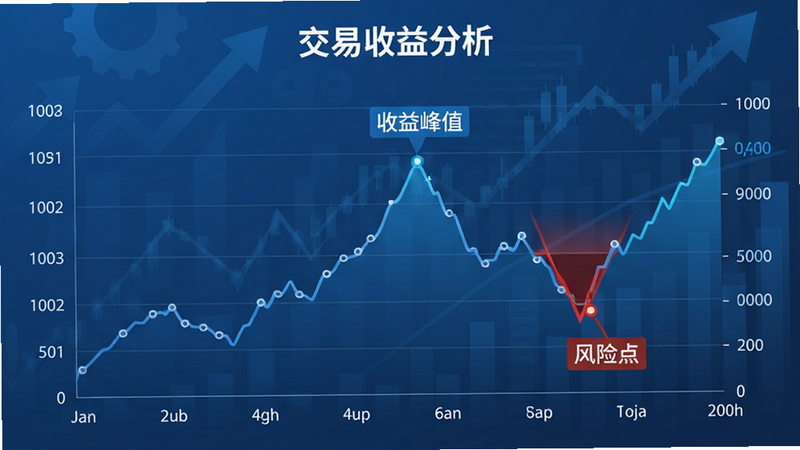 主体为交易收益分析图表,布局为折线图趋势展示,排版专业财经风,风格为商务蓝色调,细节标注“收益峰值”和“风险点”,画质高清,干净,无多余元素