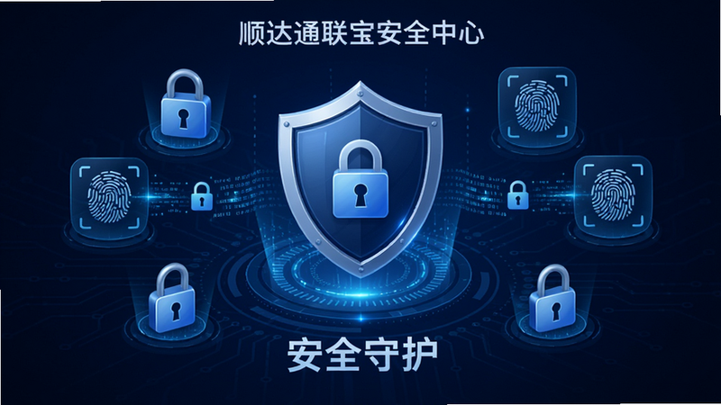 展示顺达通联宝安全中心界面的概念图,主体为盾牌图标位于中心,周围环绕着锁形、指纹识别等安全元素,背景为深蓝色科技风格,布局对称,排版严谨,风格专业可靠,细节展现数据流加密效果,画质高清,干净,无多余元素,文字显示