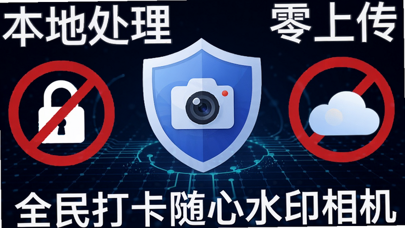 盾牌图标与相机图标组合,周围环绕着锁和云朵禁止符号,背景为深蓝色科技感网格,文字“本地处理”“零上传”清晰可见,展示“全民打卡随心水印相机”的安全特性,专业,可信