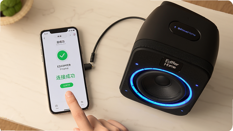 主体为手机与Edifier Home音箱连接的场景,布局为俯视角度,手机屏幕显示连接成功界面,音箱指示灯亮起蓝色光环,排版平衡,风格温馨居家,细节展示手指点击屏幕的动作,画质细腻,干净无杂物,文字引用“连接成功”