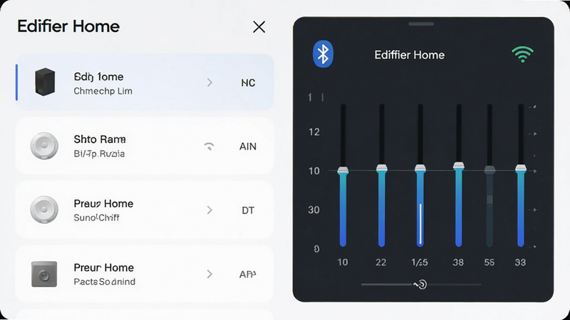 主体为Edifier Home APP的界面预览图,布局清晰,左侧显示设备列表,右侧为均衡器调节面板,排版简洁现代,风格科技感强,细节处展示蓝牙连接图标与Wi-Fi信号强度,画质高清,干净无多余元素,文字引用“Edifier Home”