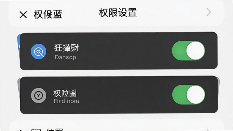 主体为手机设置界面,高亮显示蓝牙与位置权限开关,布局为垂直列表,排版清晰,风格扁平化UI,细节展示权限图标与开关状态,画质清晰,干净背景,文字引用“权限设置”