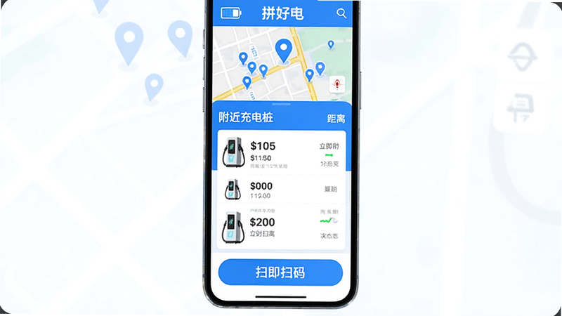 ����Ϊƴ�õ�APP�ֻ�����չʾ������������������ʾ��ͼ��λ�븽��׮λ���м���չʾ���׮�б����۸�����룬�ײ�Ϊɨ���簴ť���Ű����ִ�������ƽ���Ƽ�����ϸ�ڰ�����ص���ͼ����ʵʱ״̬�����ʸ��壬�ɾ����޶���Ԫ�أ����ְ���