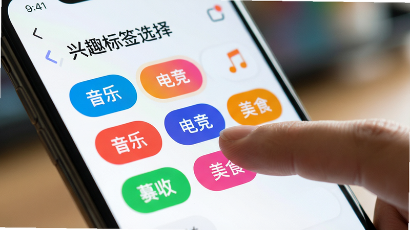 ����Ϊ�ֻ���Ļ����ʾ����Ȥ��ǩѡ��ҳ�棬��Ļ�������Ŷ����ɫ��ǩ�硰���֡������羺��������ʳ������ָ���������һ����ǩ�������黯��ͻ��ǰ������������ִ���Լ��ɫ�����죬ϸ�����������廭�ʣ��޶���װ��