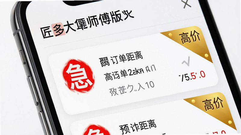 一张展示“匠多多师傅版”接单大厅中“急单”和“高价单”标签的特写概念图,手机屏幕显示订单列表,部分订单带有醒目的红色“急”字和金色“高价”角标,突出显示,风格鲜明,吸引眼球,细节处包含订单距离和预计收入,画质清晰,布局紧凑,无多余背景