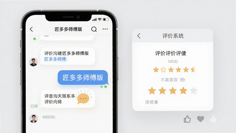 一张展示“匠多多师傅版”聊天界面和评价系统的概念图,手机屏幕显示对话气泡和星级评分,背景为浅灰色,突出沟通的便捷性和评价的重要性,风格温馨且专业,细节包括消息已读状态和点赞图标,画质细腻,布局平衡,无复杂背景