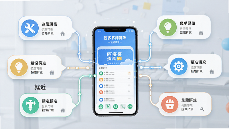 一张展示“匠多多师傅版”智能派单逻辑的示意图,画面中心为手机,周围环绕着多个带有不同服务图标(如扳手、灯泡、水管)的订单气泡,通过线条连接至手机,体现“就近”和“精准”概念,风格现代简洁,色彩明亮,细节丰富,画质清晰,无杂乱背景