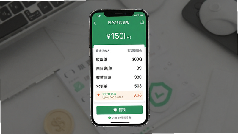 一张展示“匠多多师傅版”收入结算页面的模拟图,主体为手机屏幕,显示详细的账单列表和累计收入数字,配色以绿色和白色为主,体现“安全”和“收益”,布局规整,字体清晰,细节处包含提现按钮和到账提示,画质高清,风格简约商务,无多余元素