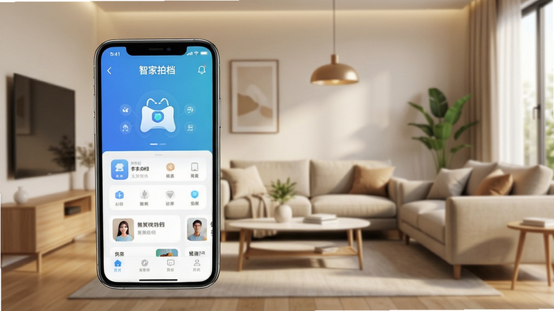 主体为智能手机屏幕,显示“智家拍档”应用界面,背景为温馨现代客厅,布局清晰,排版整齐,风格简约科技,细节丰富,画质高清,干净,无多余元素