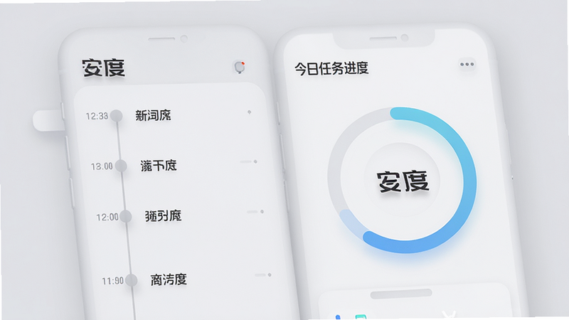 主体为一个名为“安度”的手机应用界面,布局采用极简主义风格,背景为柔和的浅灰色,排版清晰,左侧为时间轴列表,右侧为今日任务进度圆环,风格清新现代,细节处有柔和的阴影效果,画质高清,干净,无多余元素,文字显示为“安度”