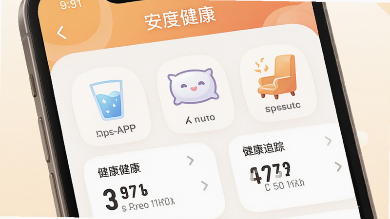主体是安度APP的健康追踪界面,布局为仪表盘形式,排版直观,风格温暖关怀,细节展示水杯、枕头和座椅的图标及对应数据,画质明亮,干净,无多余元素,文字显示为“安度健康”