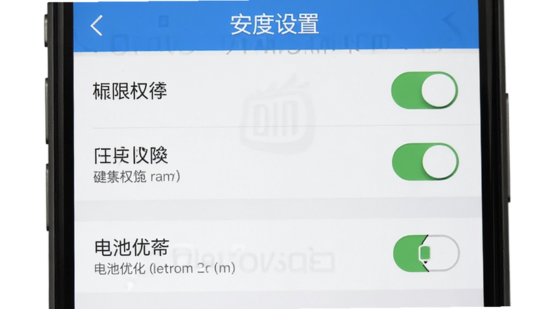 主体是安度APP的设置界面,布局为列表式,排版紧凑,风格实用主义,细节展示权限开关和电池优化选项,画质清晰,干净,无多余元素,文字显示为“安度设置”