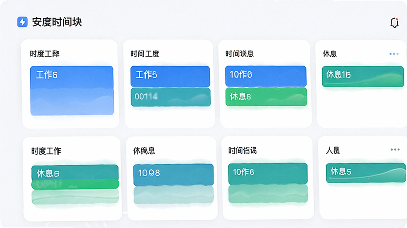 主体是安度APP的时间块管理界面,布局为横向卡片式,排版整齐,风格科技感与人文结合,细节展示不同颜色的时间块(蓝色代表工作,绿色代表休息),画质清晰,干净,无多余元素,文字显示为“安度时间块”