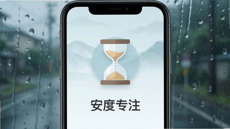 主体是安度APP的专注模式界面,布局居中,排版简洁,风格宁静致远,细节展示一个正在计时的沙漏图标和背景模糊的雨景,画质细腻,干净,无多余元素,文字显示为“安度专注”