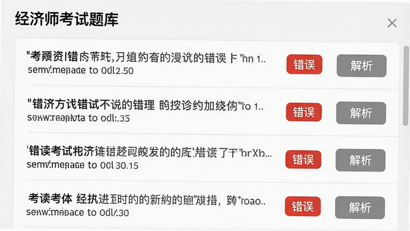 “经济师考试题库”的错题本界面,列表显示多道错题,每道题旁边有红色的“错误”标签和灰色的“解析”按钮,界面清爽,字体清晰,布局紧凑,风格专业严谨,细节突出,画质细腻,无干扰元素