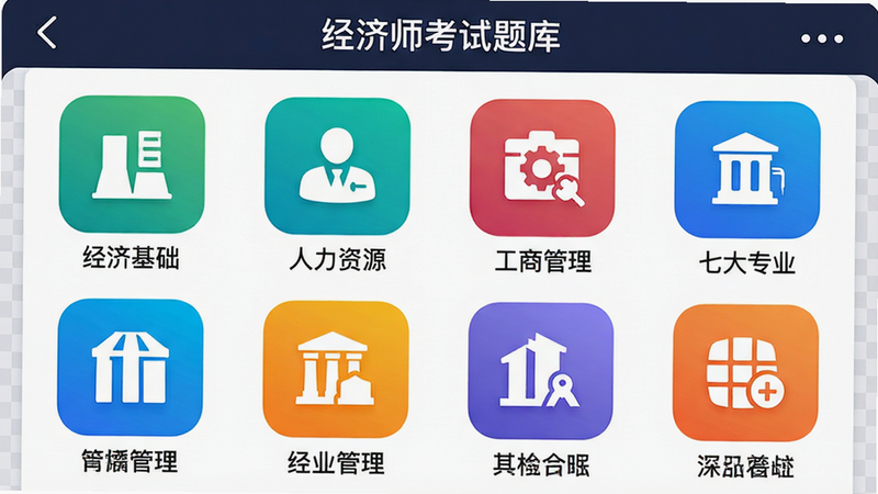 “经济师考试题库”App的功能菜单界面,展示“经济基础”“人力资源”“工商管理”等七大专业图标,图标设计扁平化,色彩鲜明,布局呈网格状,风格科技感强,细节清晰,画质高清,干净无杂