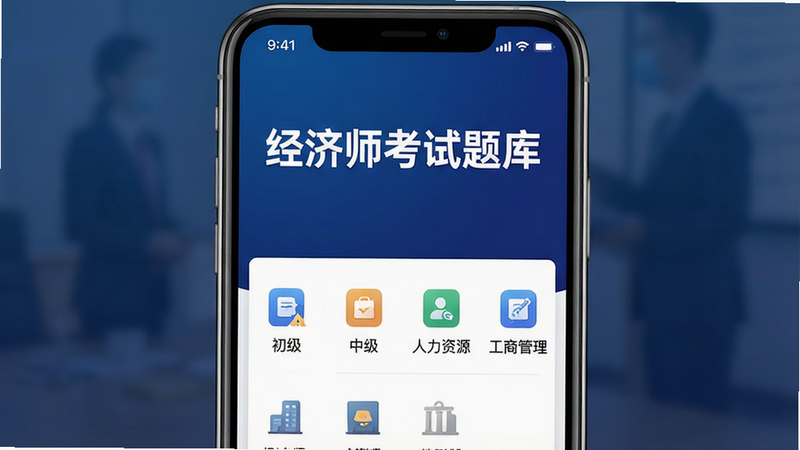 一张展示“经济师考试题库”App界面的高清截图,主体为手机屏幕,背景为深蓝色渐变,屏幕中央显示“经济师考试题库”大字标题,下方有“初级”“中级”“人力资源”“工商管理”等分类图标,布局整齐,排版清晰,风格现代简约,细节丰富,画质干净,无多余元素